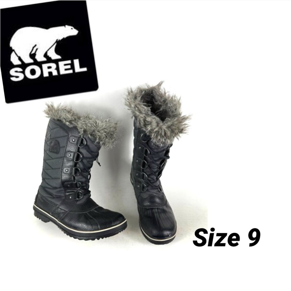 Sorel Tofino II winter boots waterproof black faux fur fleece lining size 9​